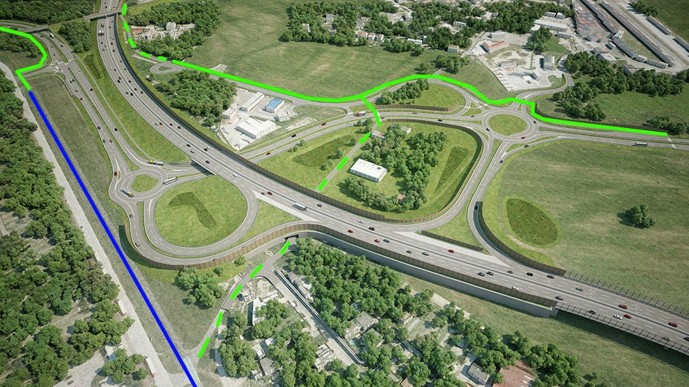 Vizualizácia: Sústava križovantiek Prístavná-Bajkalská-Slovnaftská-R7 a cyklotrasou vedúcou po vrchnej strane obrázku i existujúca hrádza na spodnej  strane obrázku (modré - existujúce, zelené - nové cyklotrasy)