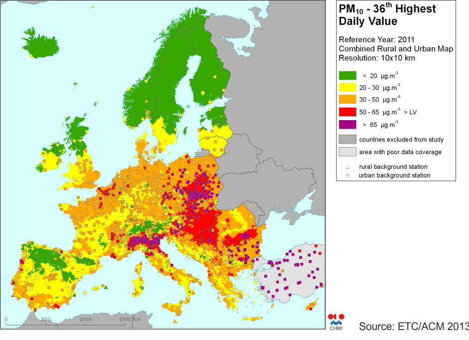 Znečistenie PM10 v krajínach EU, Zdroj ETC/AEM2013 